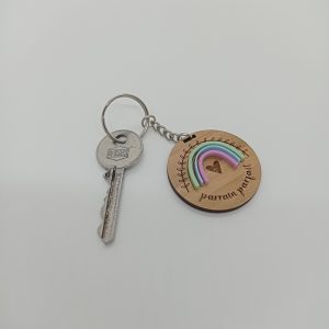 Porte clé en Bambou arc en ciel en Cœur "Parain parfait"