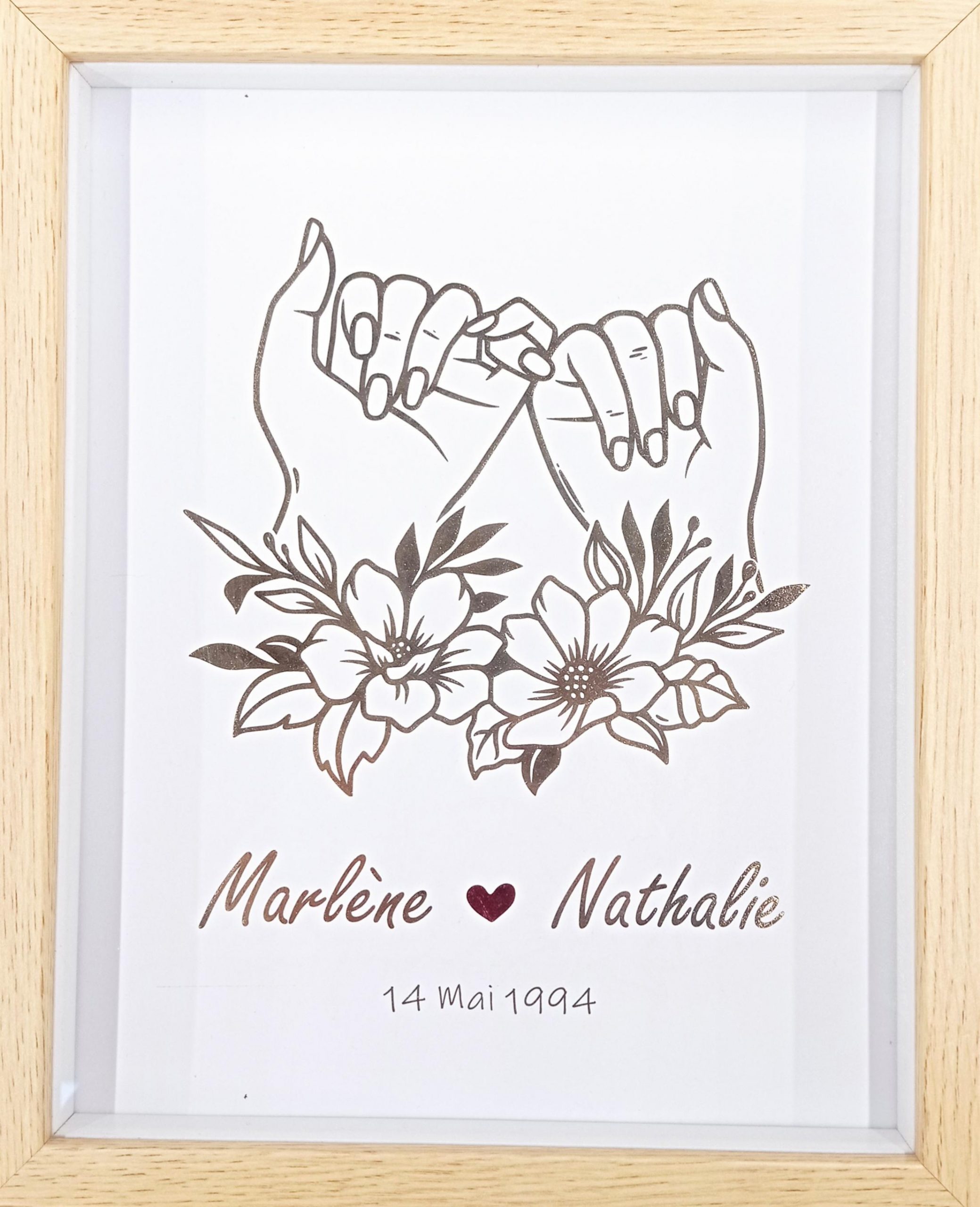 Mains de femmes liées et ornées de fleurs. les prénoms des deux femmes appraissent dessous ainsi que la date de votre choix.