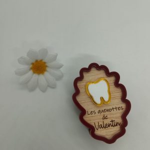 boite a dents en bois en forme de feuille. Sur son couvercle un plexiglas blanc brillant en forme de dent est collé avec un pourtour or. Le tour de la boite est en plexiglas rouge cerise.